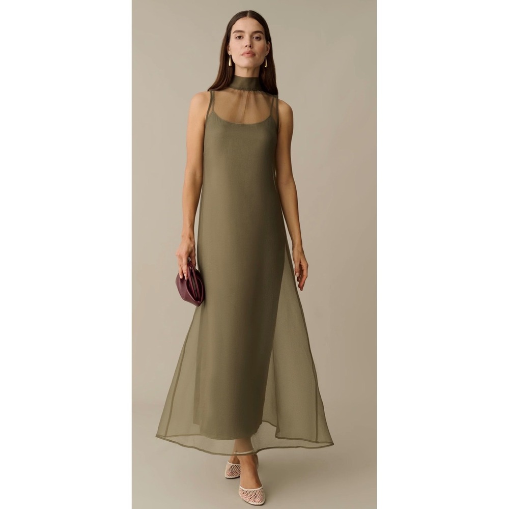 Few Moda CAARA Sheer Sleeveless Maxi Dress with Slip Olive Green Grey M
